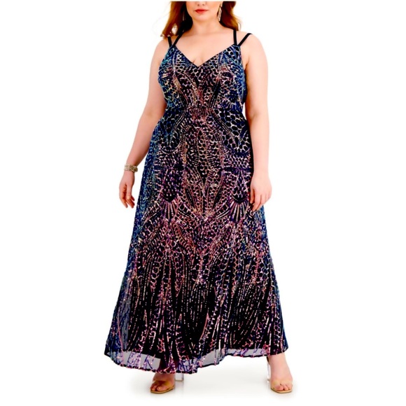 Morgan & Co. Dresses & Skirts - MORGAN & CO Formal Navy Sequined Criss-cross Strap V Neck Maxi Formal Dress 24w